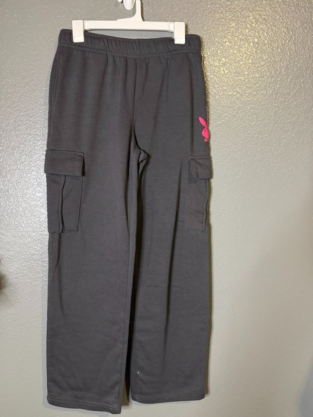 Playboy Women’s Medium Black Cargo Sweatpants Pink Bunny Wide Leg